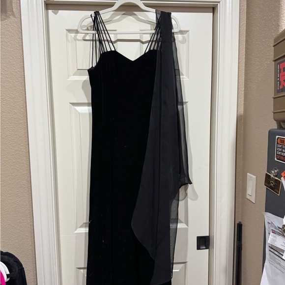 Another Thyme Dresses & Skirts - Vintage Chic Black Velvet Maxi Dress w Sheer the Shoulder Scarf. AlmostThyme